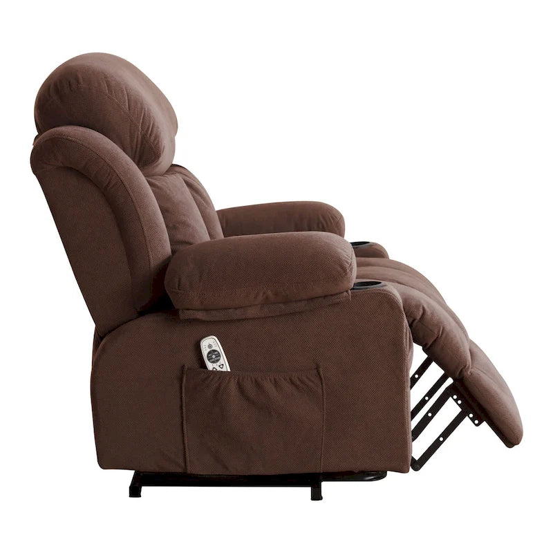Fauteuil releveur électrique gris avec fonction massage chauffante, chargement USB, télécommande et poches latérales pratiques pour les seniors