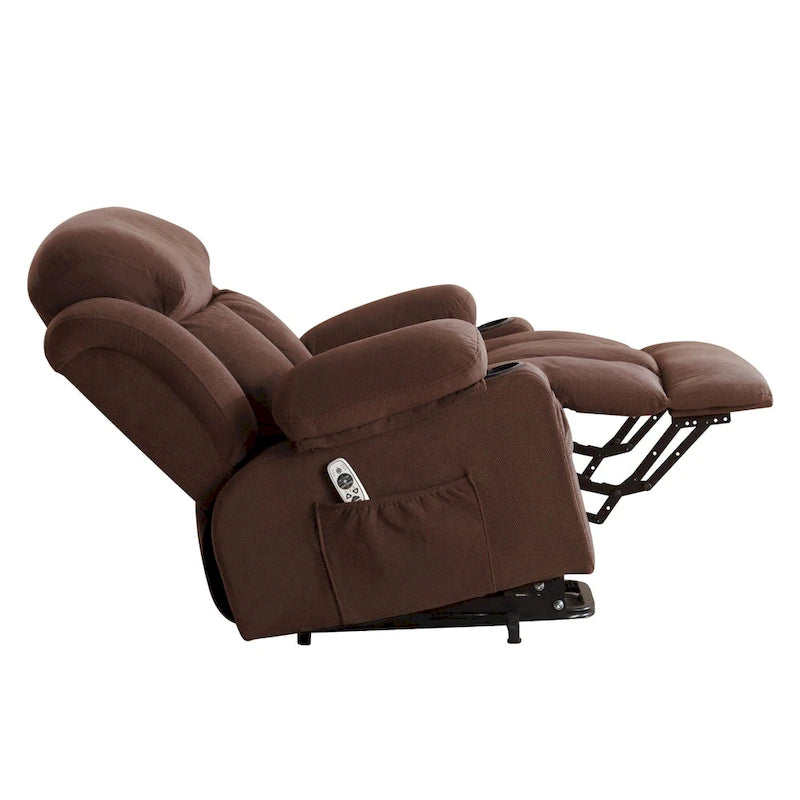 Fauteuil releveur électrique gris avec fonction massage chauffante, chargement USB, télécommande et poches latérales pratiques pour les seniors