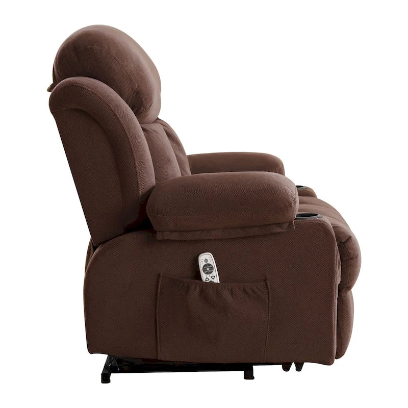 Fauteuil releveur électrique gris avec fonction massage chauffante, chargement USB, télécommande et poches latérales pratiques pour les seniors