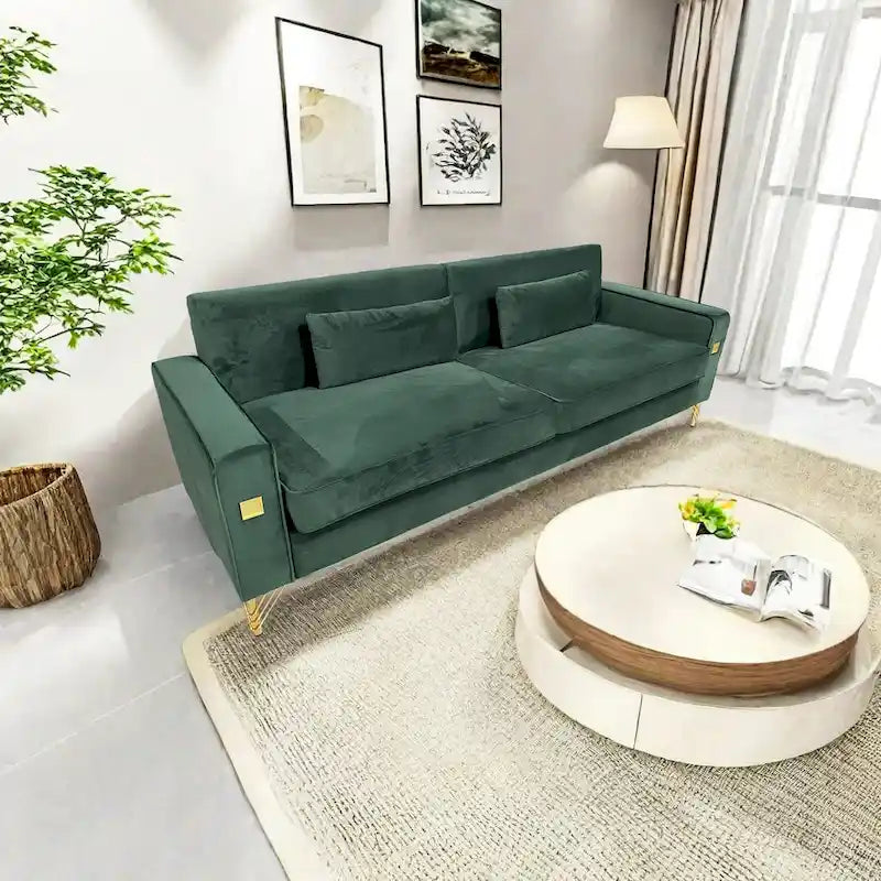 Canapé 3 places moderne en velours 85,63 avec détails dorés et coussins moelleux pour salon