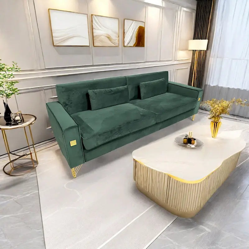 Canapé 3 places moderne en velours 85,63 avec détails dorés et coussins moelleux pour salon