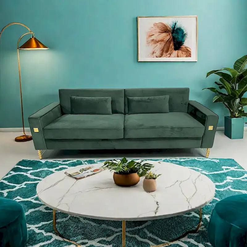 Canapé 3 places moderne en velours 85,63 avec détails dorés et coussins moelleux pour salon