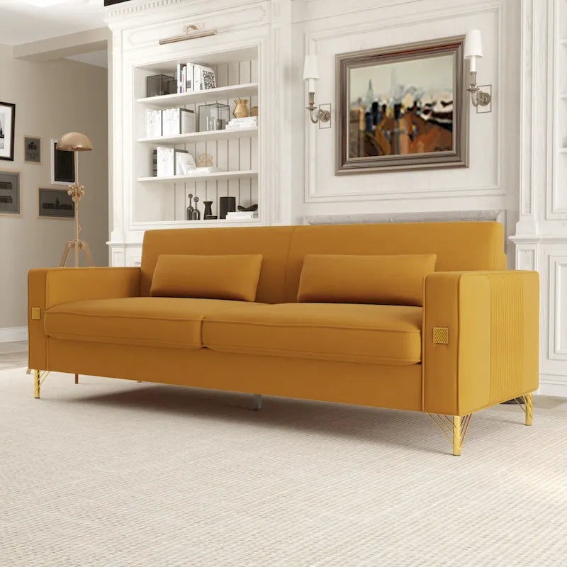 Canapé 3 places moderne en velours 85,63 avec détails dorés et coussins moelleux pour salon