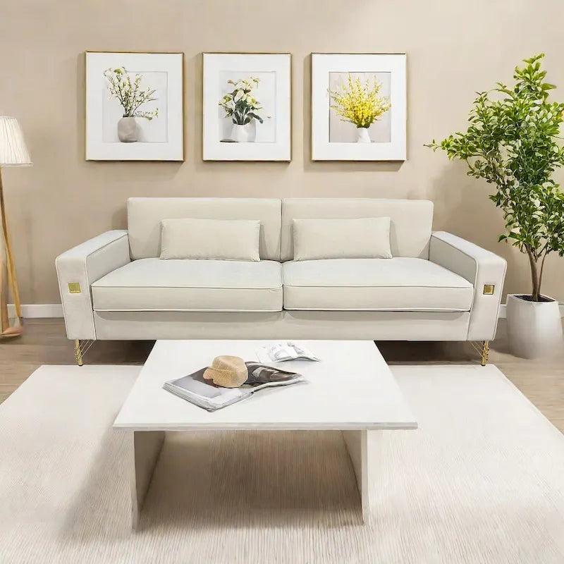 Canapé 3 places moderne en velours 85,63 avec détails dorés et coussins moelleux pour salon