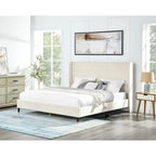 Lit plateforme beige de style queen size avec tête de lit en velours à oreilles