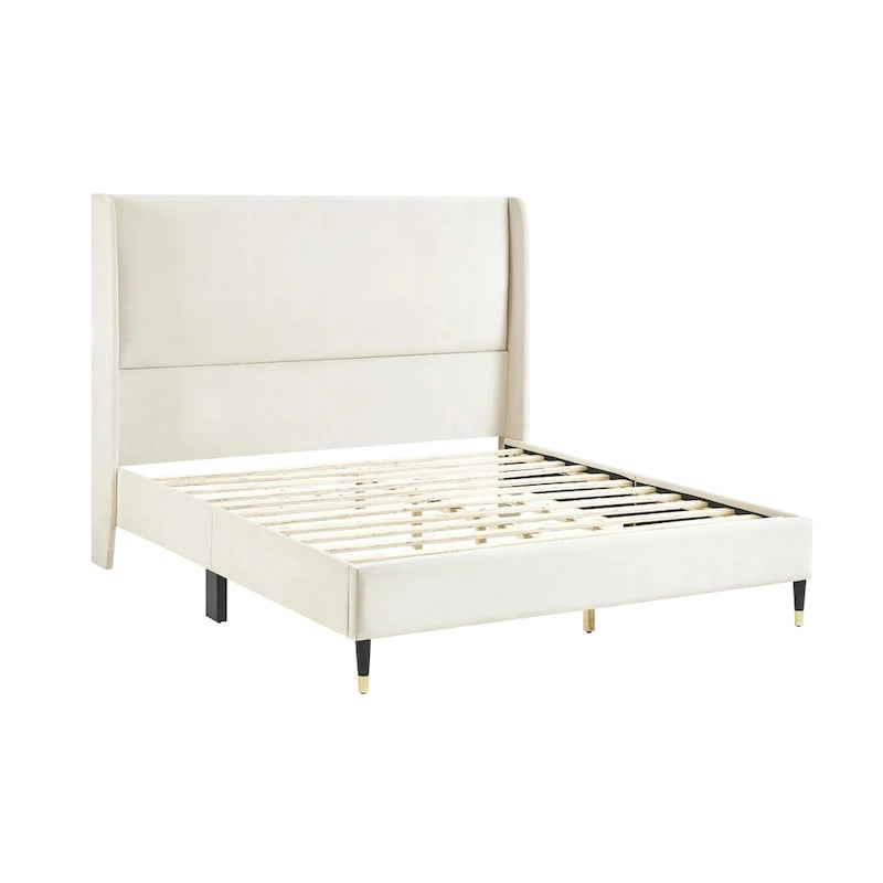 Lit plateforme beige de style queen size avec tête de lit en velours à oreilles