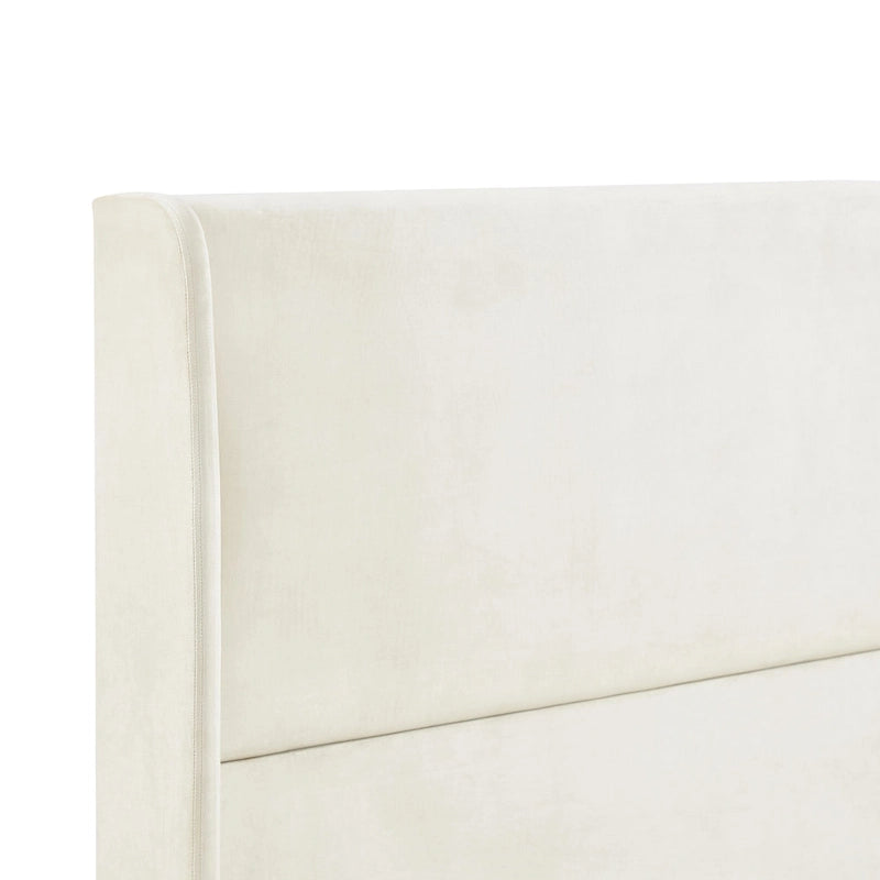 Lit plateforme beige de style queen size avec tête de lit en velours à oreilles
