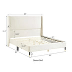 Lit plateforme beige de style queen size avec tête de lit en velours à oreilles