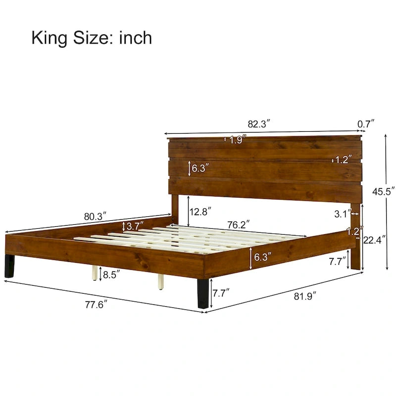Lit plateforme en bois massif marron, format king, style milieu du siècle, avec tête de lit en trois parties