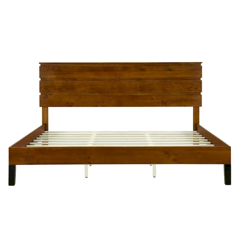 Lit plateforme en bois massif marron, format king, style milieu du siècle, avec tête de lit en trois parties