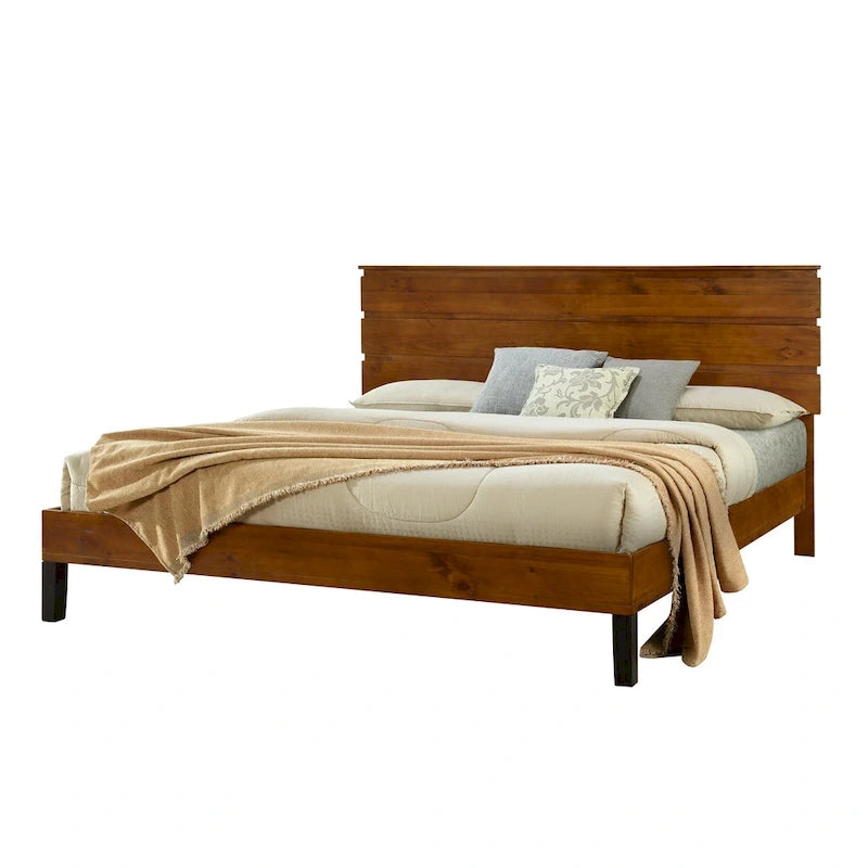 Lit plateforme en bois massif marron, format king, style milieu du siècle, avec tête de lit en trois parties