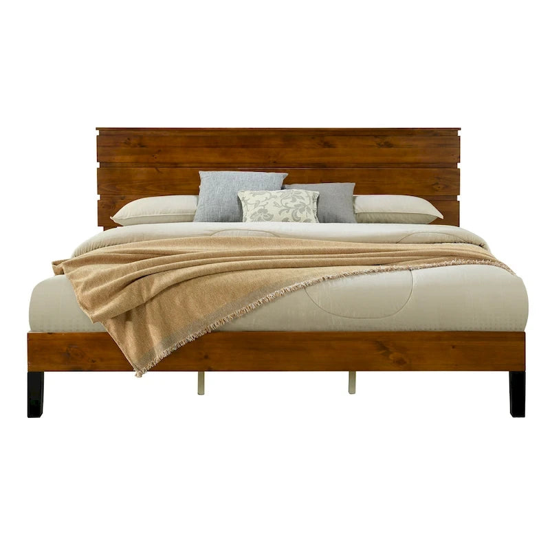 Lit plateforme en bois massif marron, format king, style milieu du siècle, avec tête de lit en trois parties