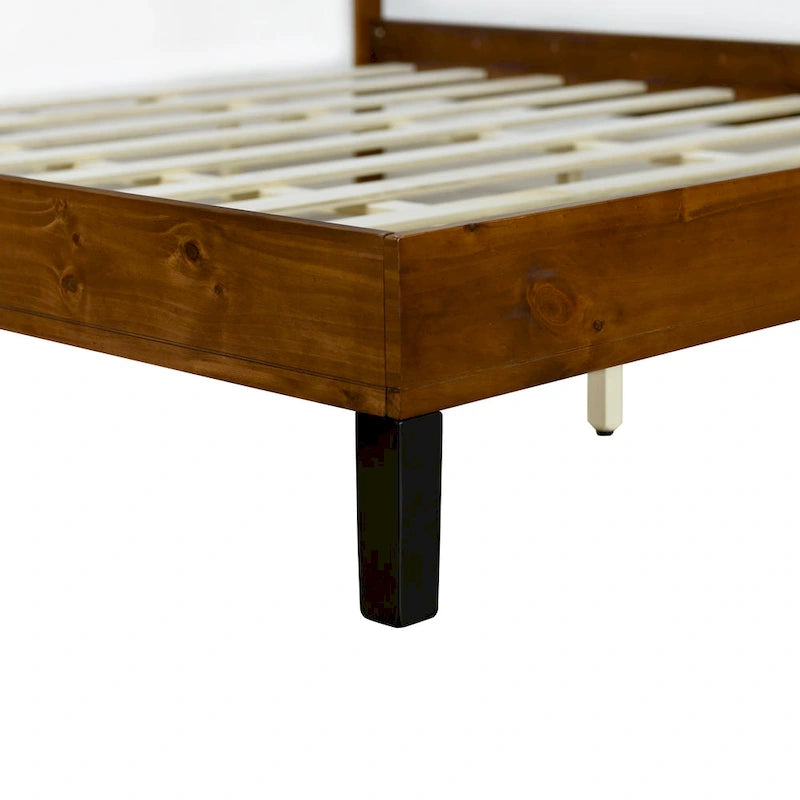 Lit plateforme en bois massif marron, format king, style milieu du siècle, avec tête de lit en trois parties