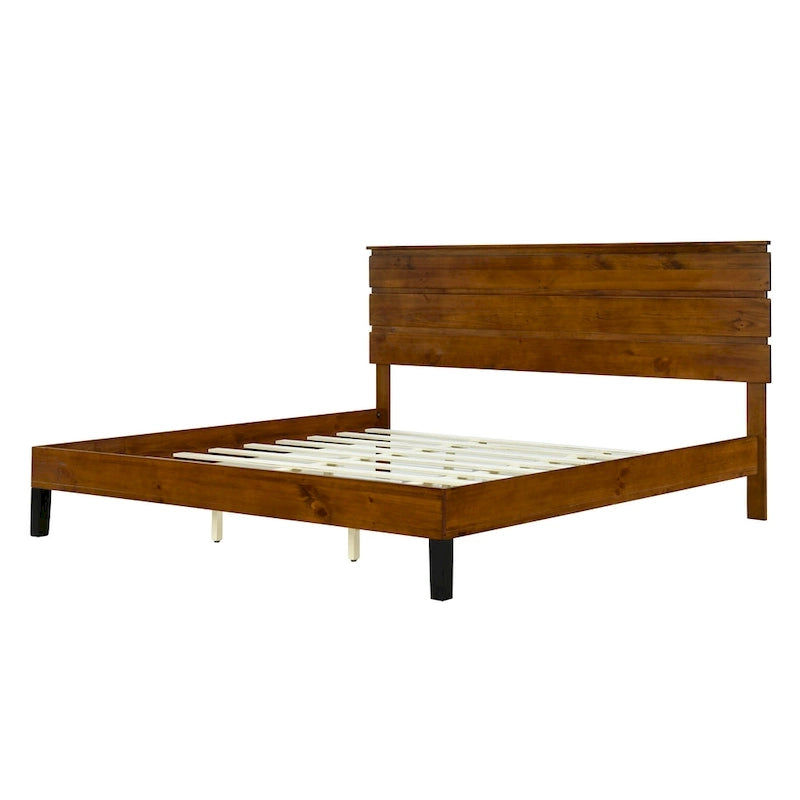 Lit plateforme en bois massif marron, format king, style milieu du siècle, avec tête de lit en trois parties