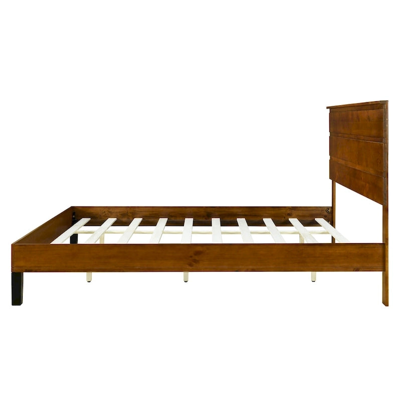 Lit plateforme en bois massif marron, format king, style milieu du siècle, avec tête de lit en trois parties