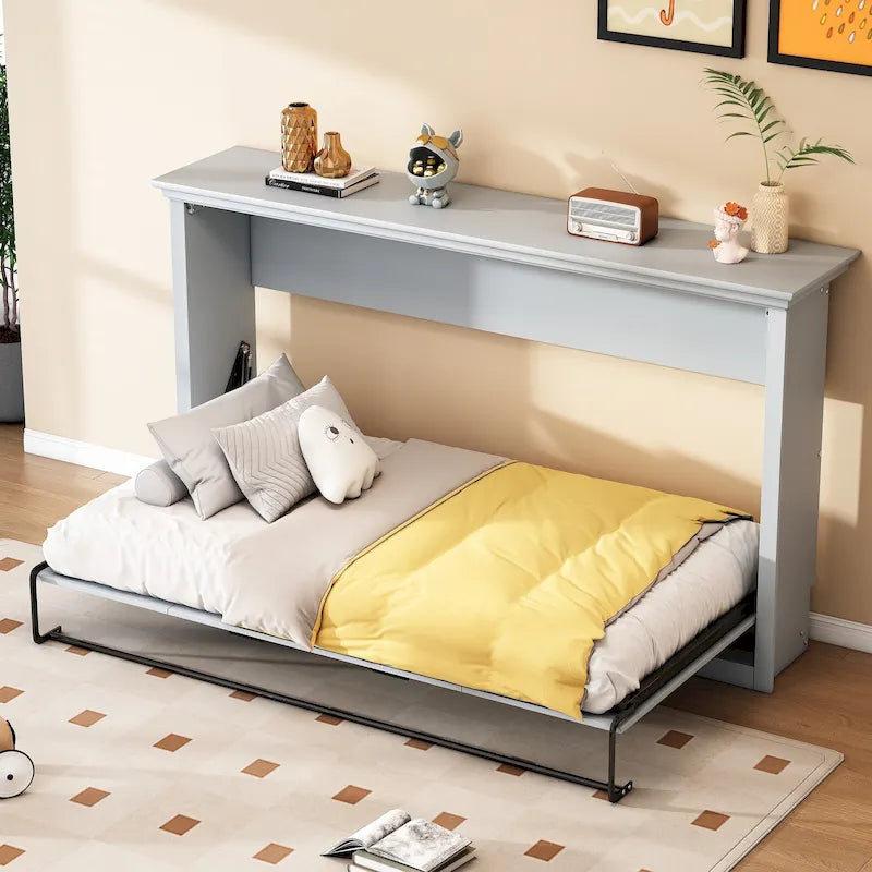 Lit escamotable pleine grandeur avec bureau, étagères de rangement et armoires