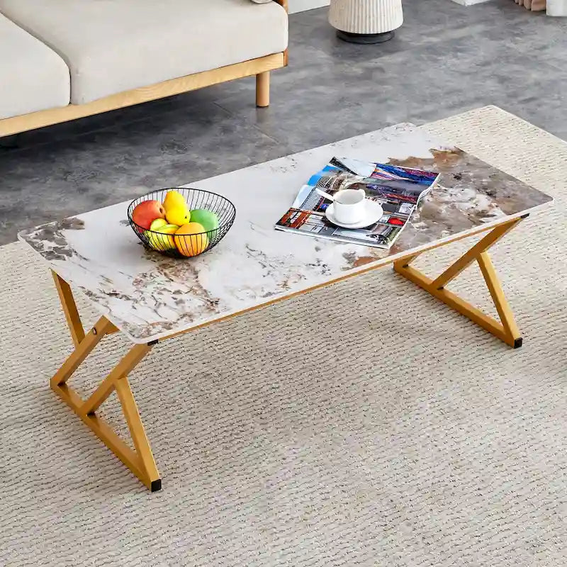 Table basse rectangulaire moderne de 47 pouces avec plateau en pierre frittée et pieds en métal en forme de X