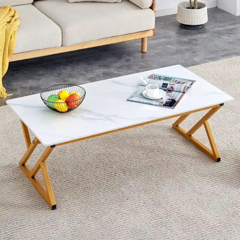 Table basse rectangulaire moderne de 47 pouces avec plateau en pierre frittée et pieds en métal en forme de X