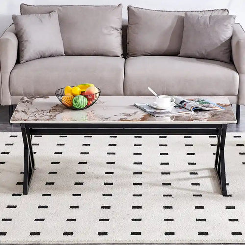 Table basse rectangulaire moderne de 47 pouces avec plateau en pierre frittée et pieds en métal en forme de X