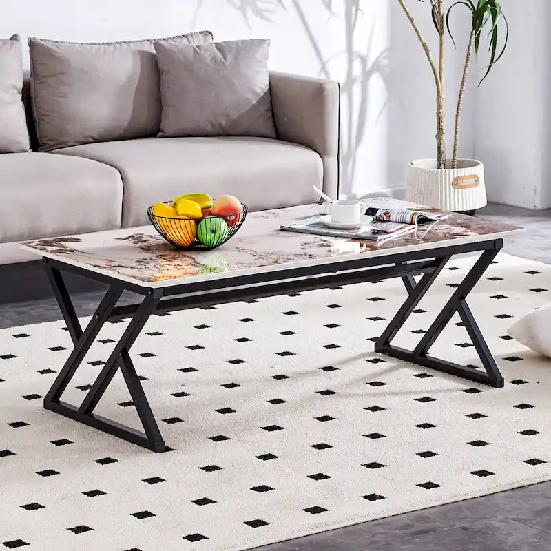 Table basse rectangulaire moderne de 47 pouces avec plateau en pierre frittée et pieds en métal en forme de X