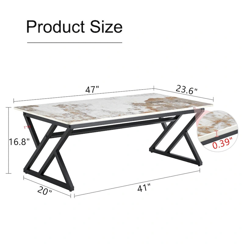 Table basse rectangulaire moderne de 47 pouces avec plateau en pierre frittée et pieds en métal en forme de X