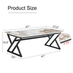 Table basse rectangulaire moderne de 47 pouces avec plateau en pierre frittée et pieds en métal en forme de X