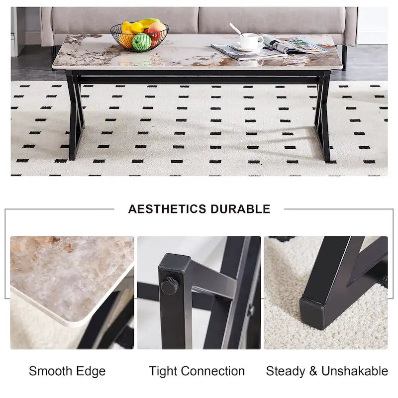 Table basse rectangulaire moderne de 47 pouces avec plateau en pierre frittée et pieds en métal en forme de X