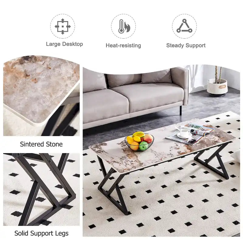 Table basse rectangulaire moderne de 47 pouces avec plateau en pierre frittée et pieds en métal en forme de X