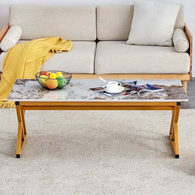 Table basse rectangulaire moderne de 47 pouces avec plateau en pierre frittée et pieds en métal en forme de X