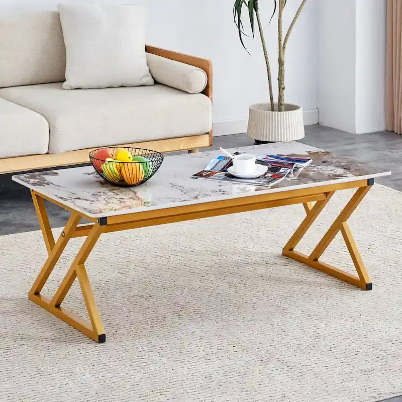 Table basse rectangulaire moderne de 47 pouces avec plateau en pierre frittée et pieds en métal en forme de X