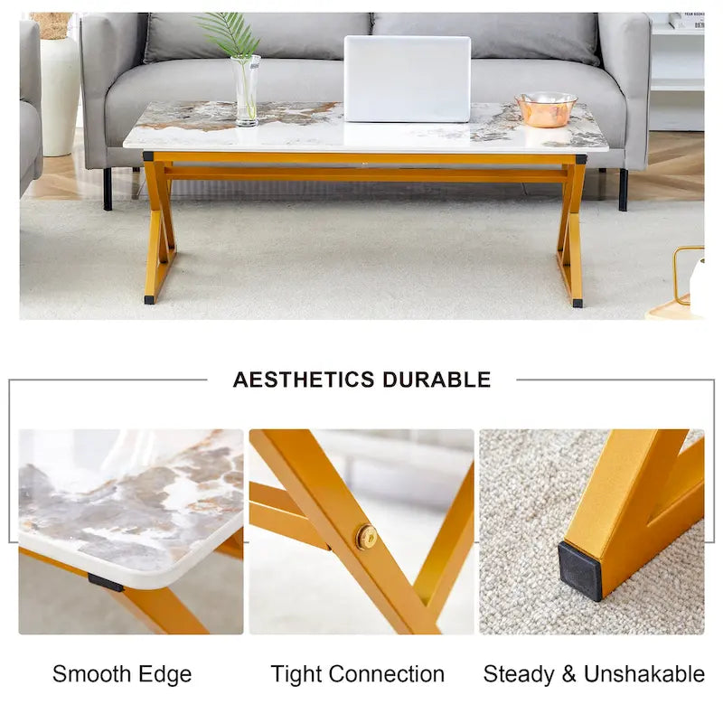 Table basse rectangulaire moderne de 47 pouces avec plateau en pierre frittée et pieds en métal en forme de X
