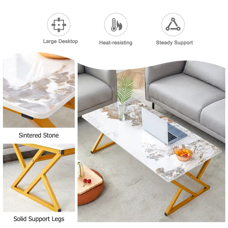 Table basse rectangulaire moderne de 47 pouces avec plateau en pierre frittée et pieds en métal en forme de X
