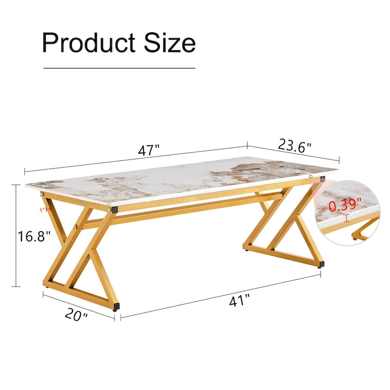 Table basse rectangulaire moderne de 47 pouces avec plateau en pierre frittée et pieds en métal en forme de X