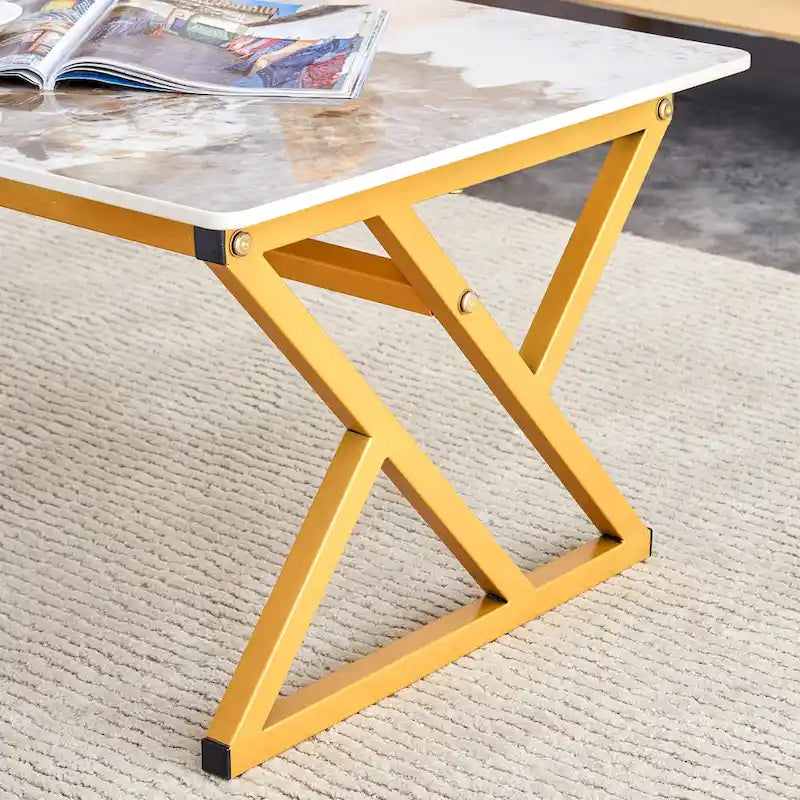 Table basse rectangulaire moderne de 47 pouces avec plateau en pierre frittée et pieds en métal en forme de X