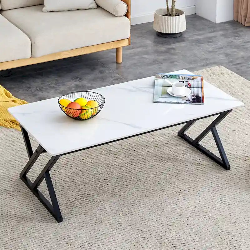 Table basse rectangulaire moderne de 47 pouces avec plateau en pierre frittée et pieds en métal en forme de X