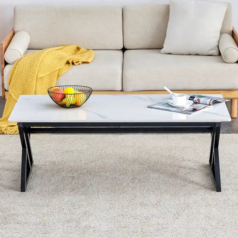 Table basse rectangulaire moderne de 47 pouces avec plateau en pierre frittée et pieds en métal en forme de X