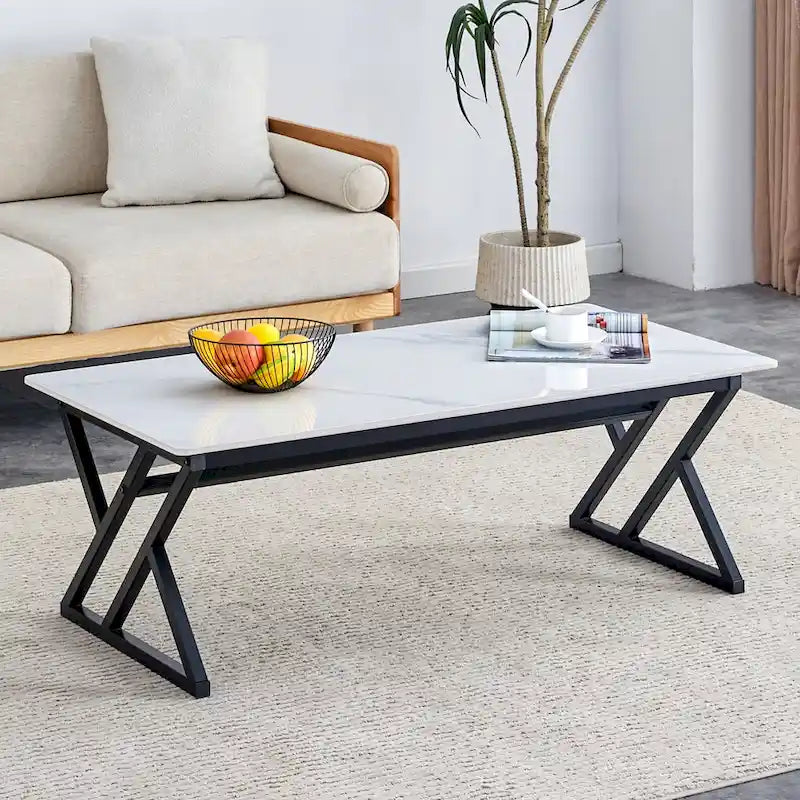 Table basse rectangulaire moderne de 47 pouces avec plateau en pierre frittée et pieds en métal en forme de X