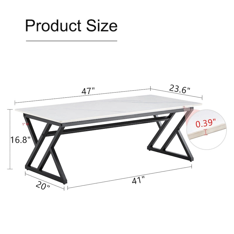 Table basse rectangulaire moderne de 47 pouces avec plateau en pierre frittée et pieds en métal en forme de X