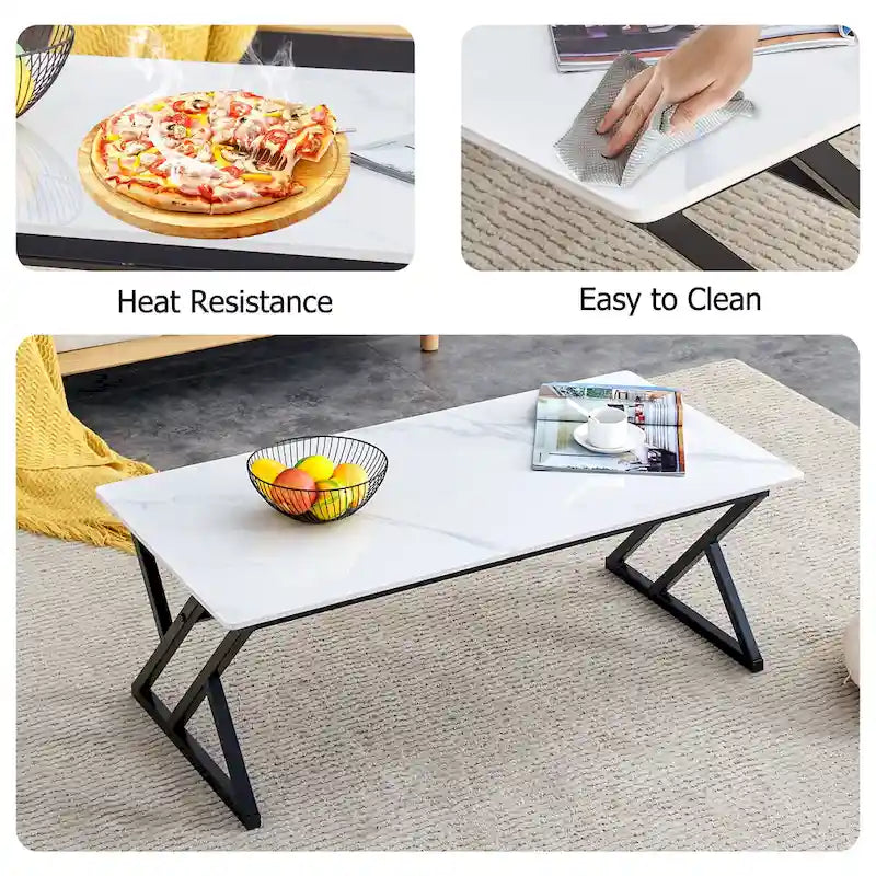 Table basse rectangulaire moderne de 47 pouces avec plateau en pierre frittée et pieds en métal en forme de X