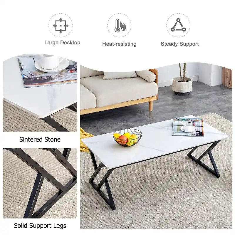 Table basse rectangulaire moderne de 47 pouces avec plateau en pierre frittée et pieds en métal en forme de X