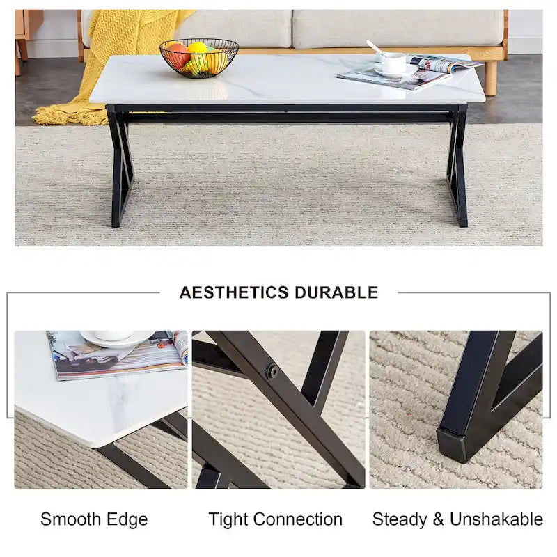 Table basse rectangulaire moderne de 47 pouces avec plateau en pierre frittée et pieds en métal en forme de X