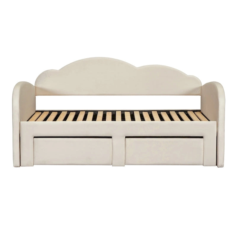 Lit de jour double en velours nuage avec lit gigogne, tiroirs et port USB