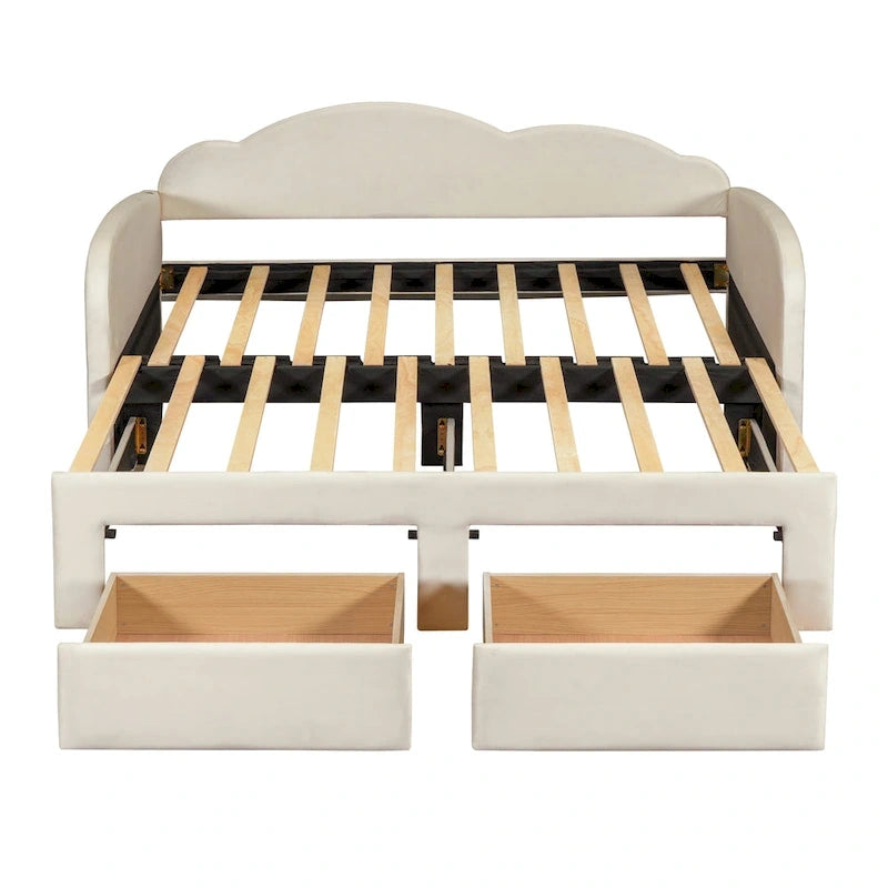 Lit de jour double en velours nuage avec lit gigogne, tiroirs et port USB