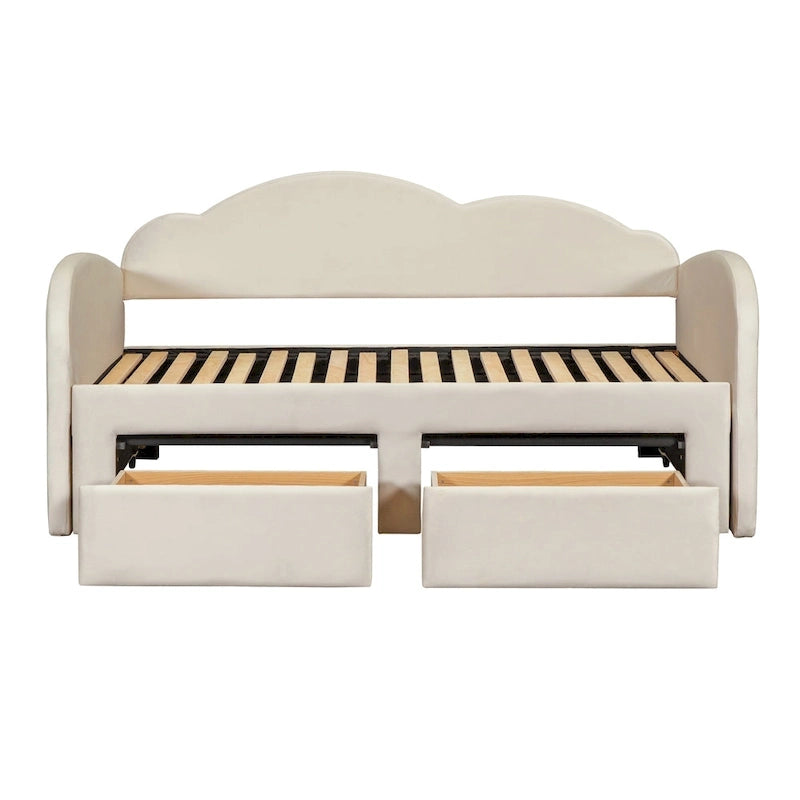 Lit de jour double en velours nuage avec lit gigogne, tiroirs et port USB