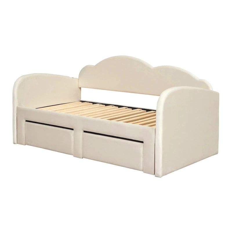 Lit de jour double en velours nuage avec lit gigogne, tiroirs et port USB