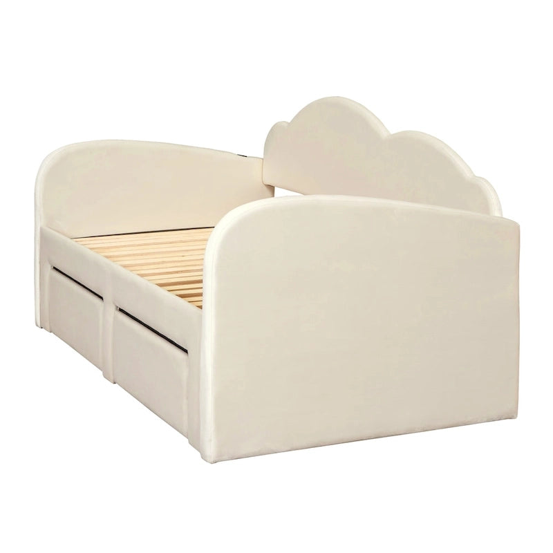 Lit de jour double en velours nuage avec lit gigogne, tiroirs et port USB