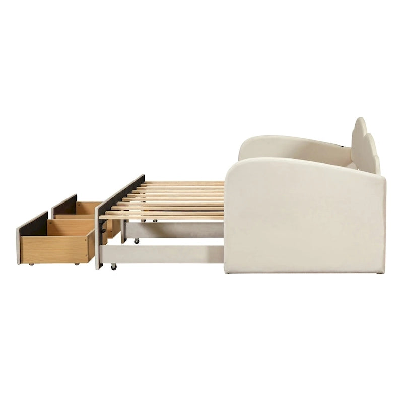 Lit de jour double en velours nuage avec lit gigogne, tiroirs et port USB