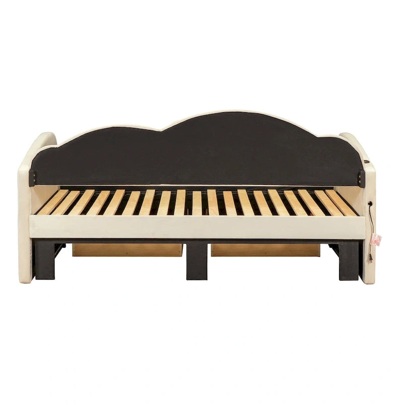 Lit de jour double en velours nuage avec lit gigogne, tiroirs et port USB