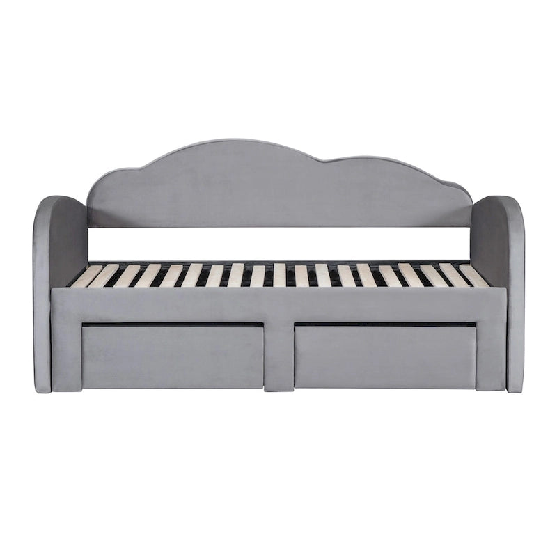 Lit de jour double en velours nuage avec lit gigogne, tiroirs et port USB
