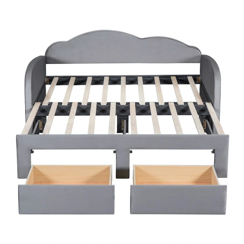 Lit de jour double en velours nuage avec lit gigogne, tiroirs et port USB